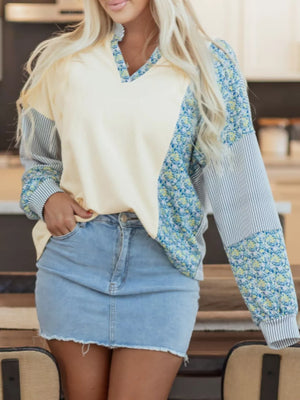 Cream with Floral Striped Drop Sleeve Collared Sweatshirt in Cream