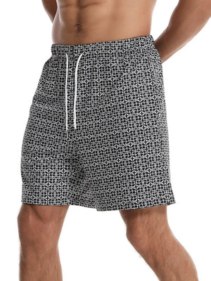 Black geometric print boardshorts with white drawstring