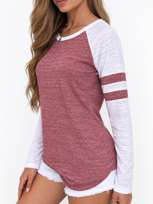 white t-shirt featuring raglan sleeve and color-block