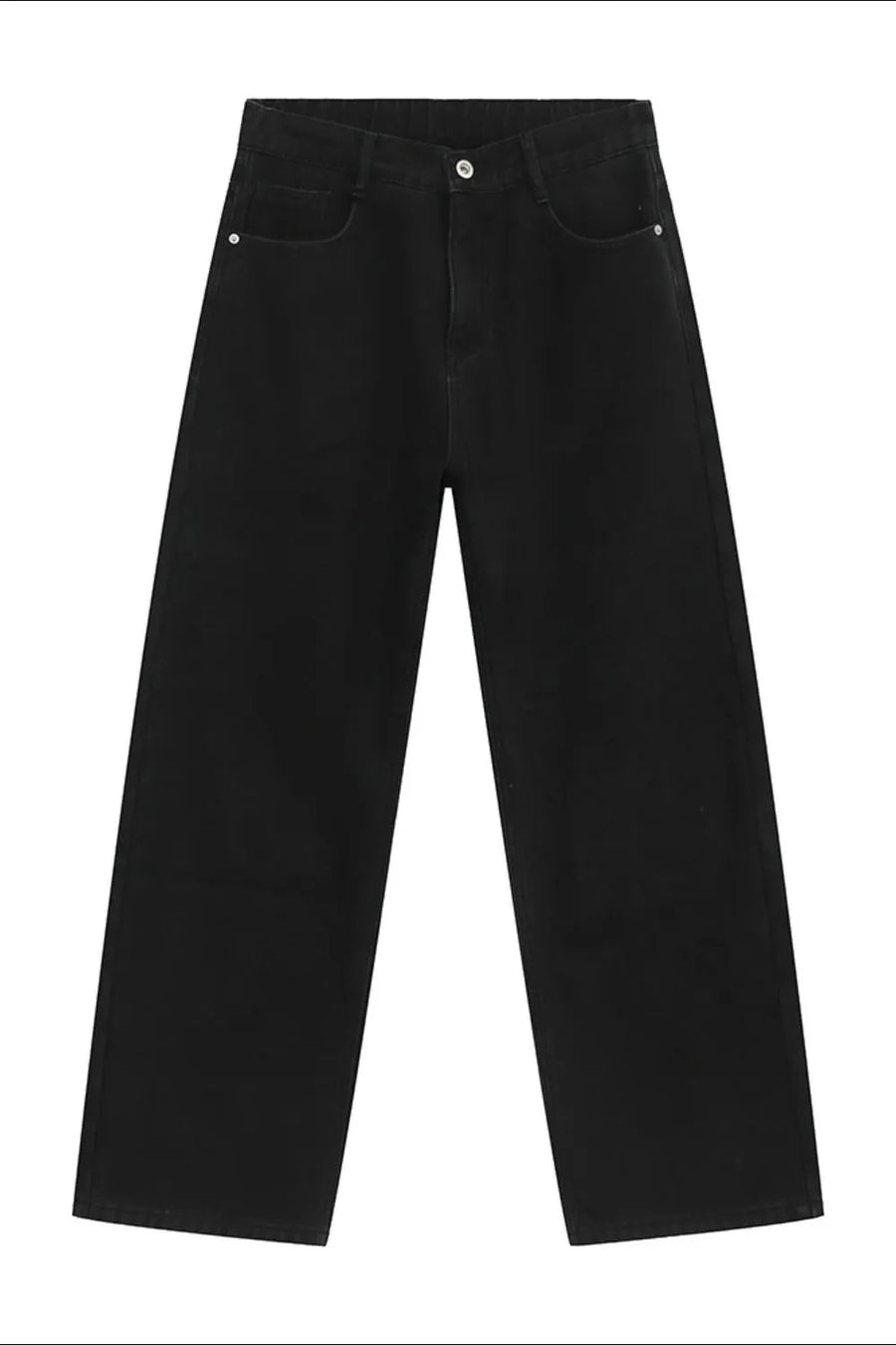 Black wide-leg denim jeans with a relaxed, baggy fit and classic five-pocket styling.