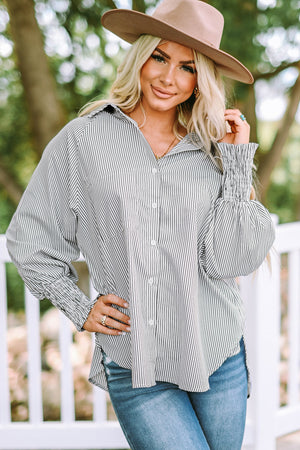 Pinstripe blouse with balloon sleeves and smocked cuffs, shown in mid gray.