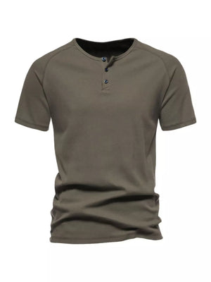 Men's casual cotton Henley t-shirt in Army Green with button detail
