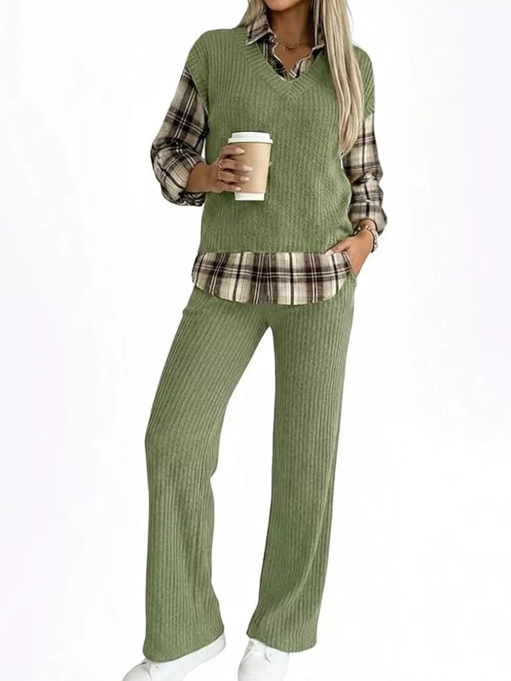 Ribbed Knit Plaid Sleeve Top & Pants Set in light gray with ribbed