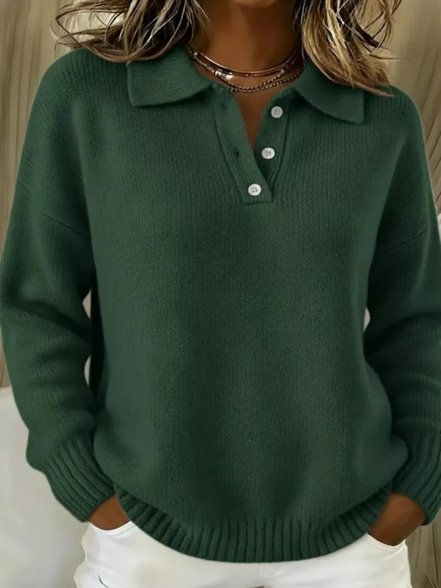 sky blue pullover sweater with hip-length and half-button