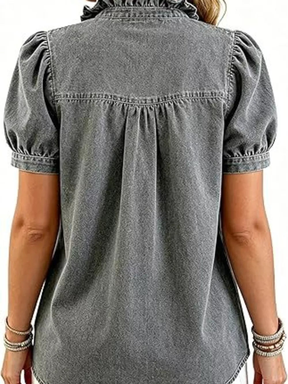 medium blue blouse with ruffled and puff sleeve