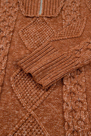 Zip-up Cable Knit Sweater Dress in Caramel with cable-knit