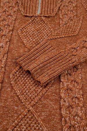 Zip-up Cable Knit Sweater Dress in Caramel with cable-knit