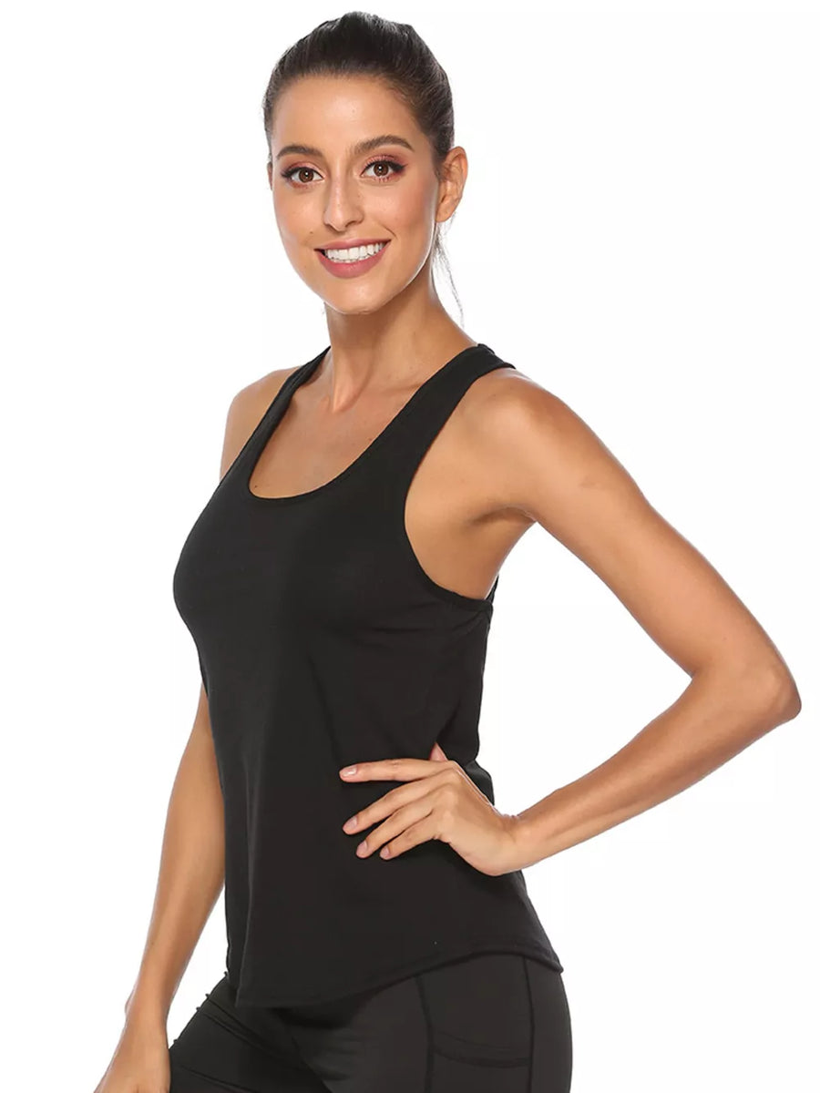 Black athletic tank top with racerback and scoop neck
