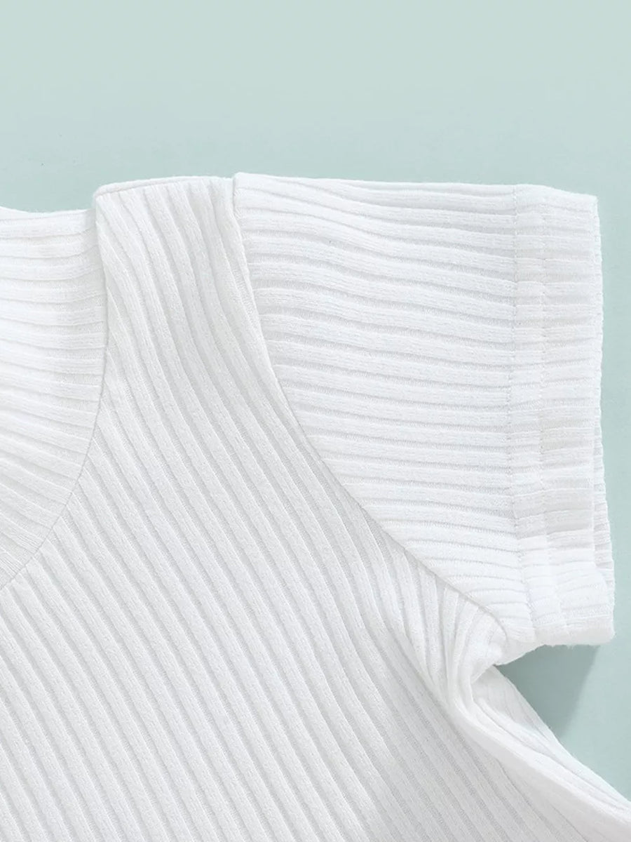 White ribbed knit baby top detail, short sleeve, crew neck