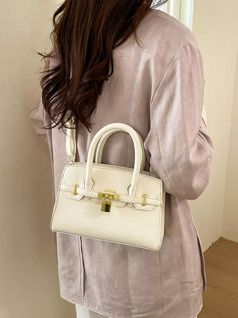 White Lock Detail Top Handle Crossbody Bag