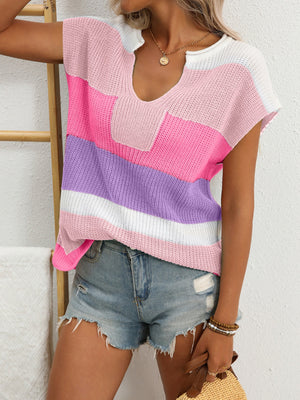 Striped knit short sleeve top with notch neckline and chest pocket in pink, purple, and white.