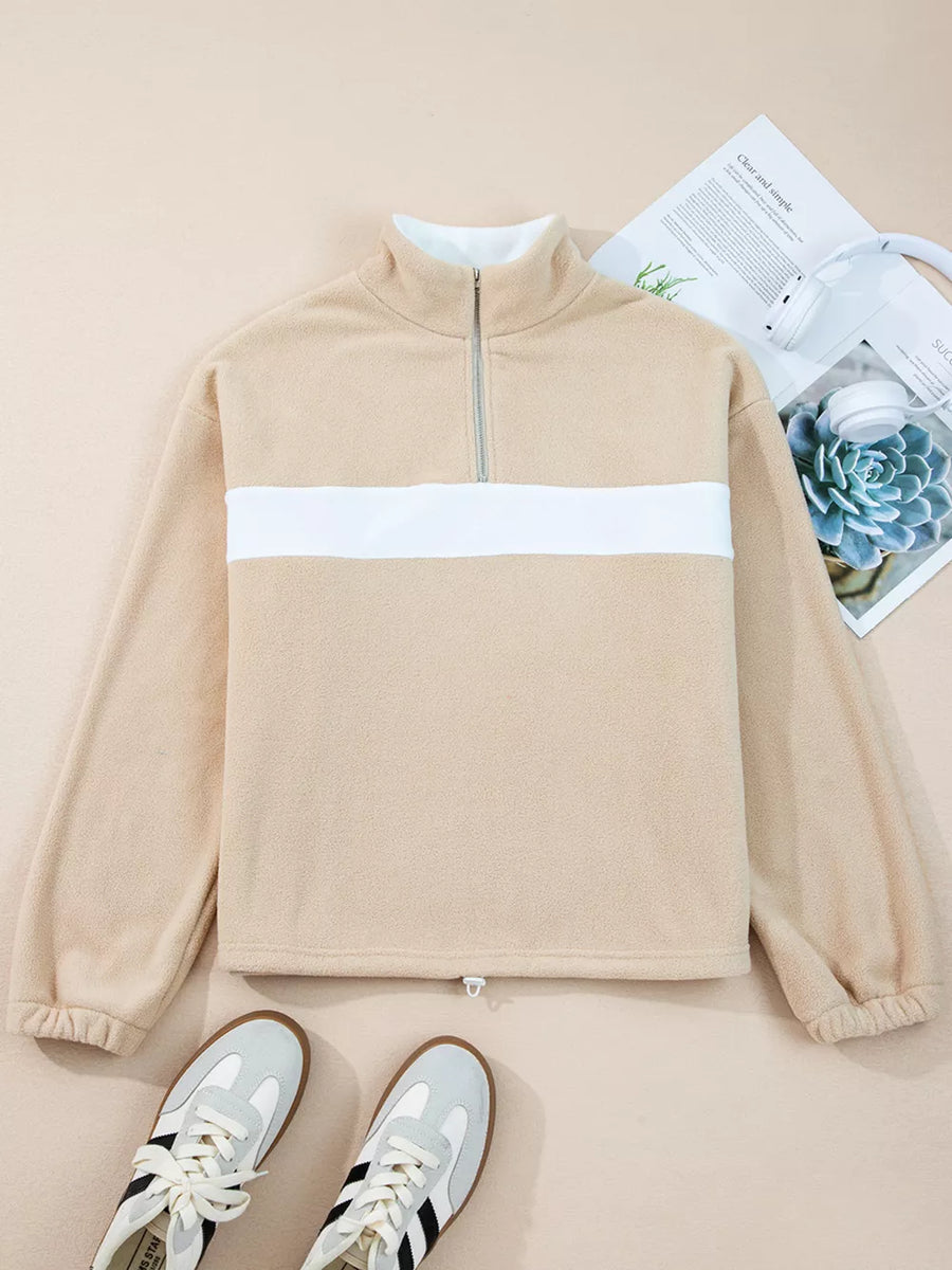 Fleece Colorblock Patchwork Zipped Neck Pullover option 6