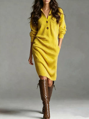 bright yellow sweater dress with ribbed and v-neck