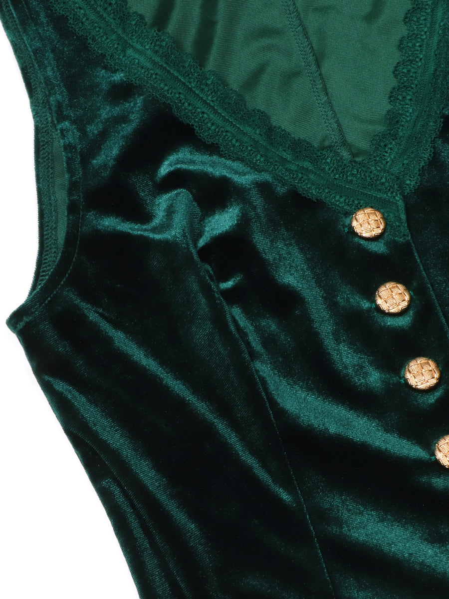 Green velvet button-down vest with lace trim and gold buttons