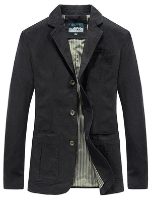 Black cotton lapel collar blazer with buttoned front and striped lining.