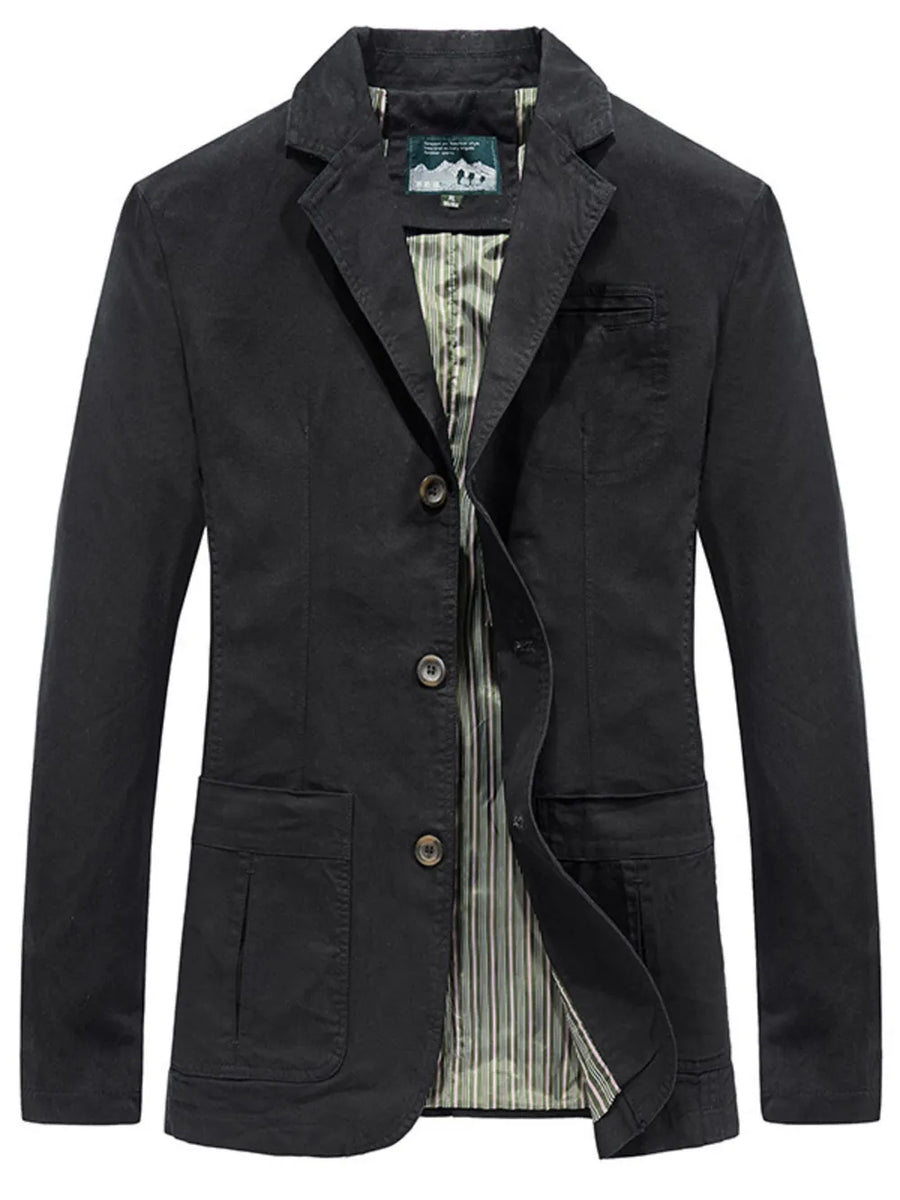 Black cotton lapel collar blazer with buttoned front and striped lining.