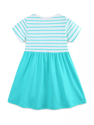 Baby girl's aqua marine striped cotton dress with short sleeves and a gathered skirt.