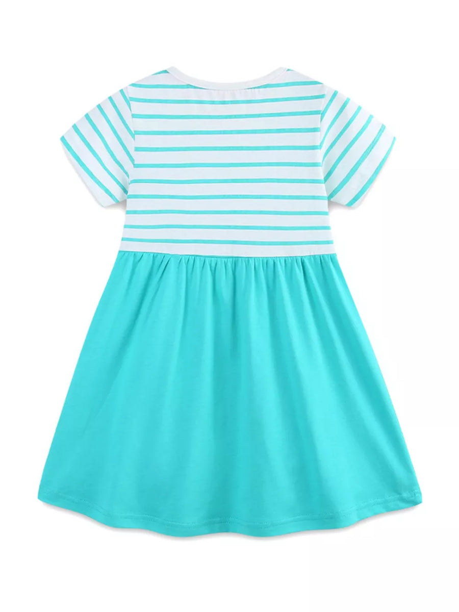 Baby girl's aqua marine striped cotton dress with short sleeves and a gathered skirt.