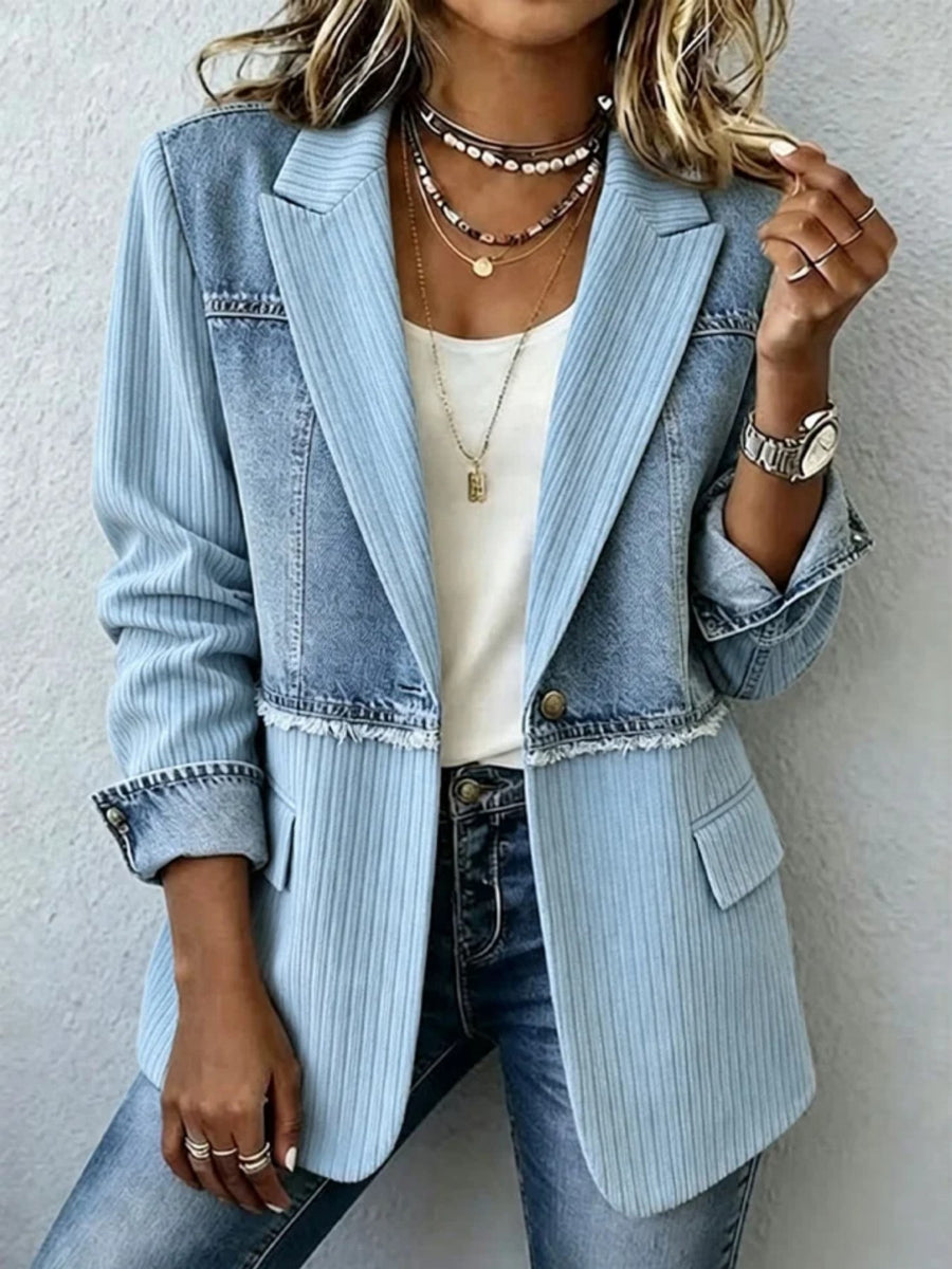 light blue blazer with patchwork and notch lapel