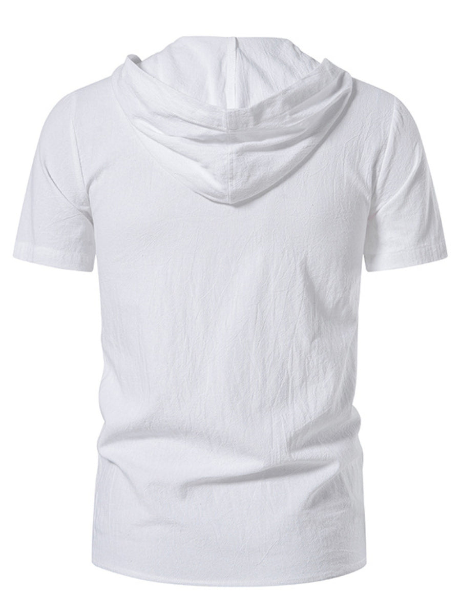 Men's white short sleeve hooded top with textured cotton fabric