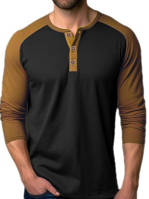 Men's black long sleeve henley t-shirt with mustard contrast sleeves and buttoned placket.