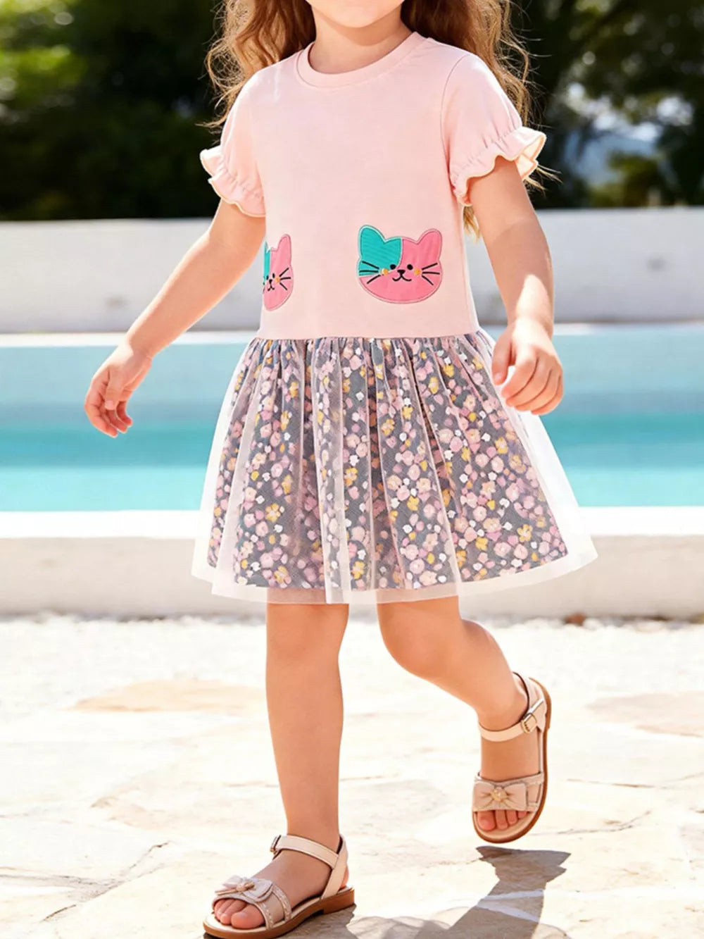 Pink toddler dress with cat embroidery and floral tulle skirt