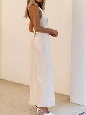 White cotton backless halter neck maxi dress with tie detail