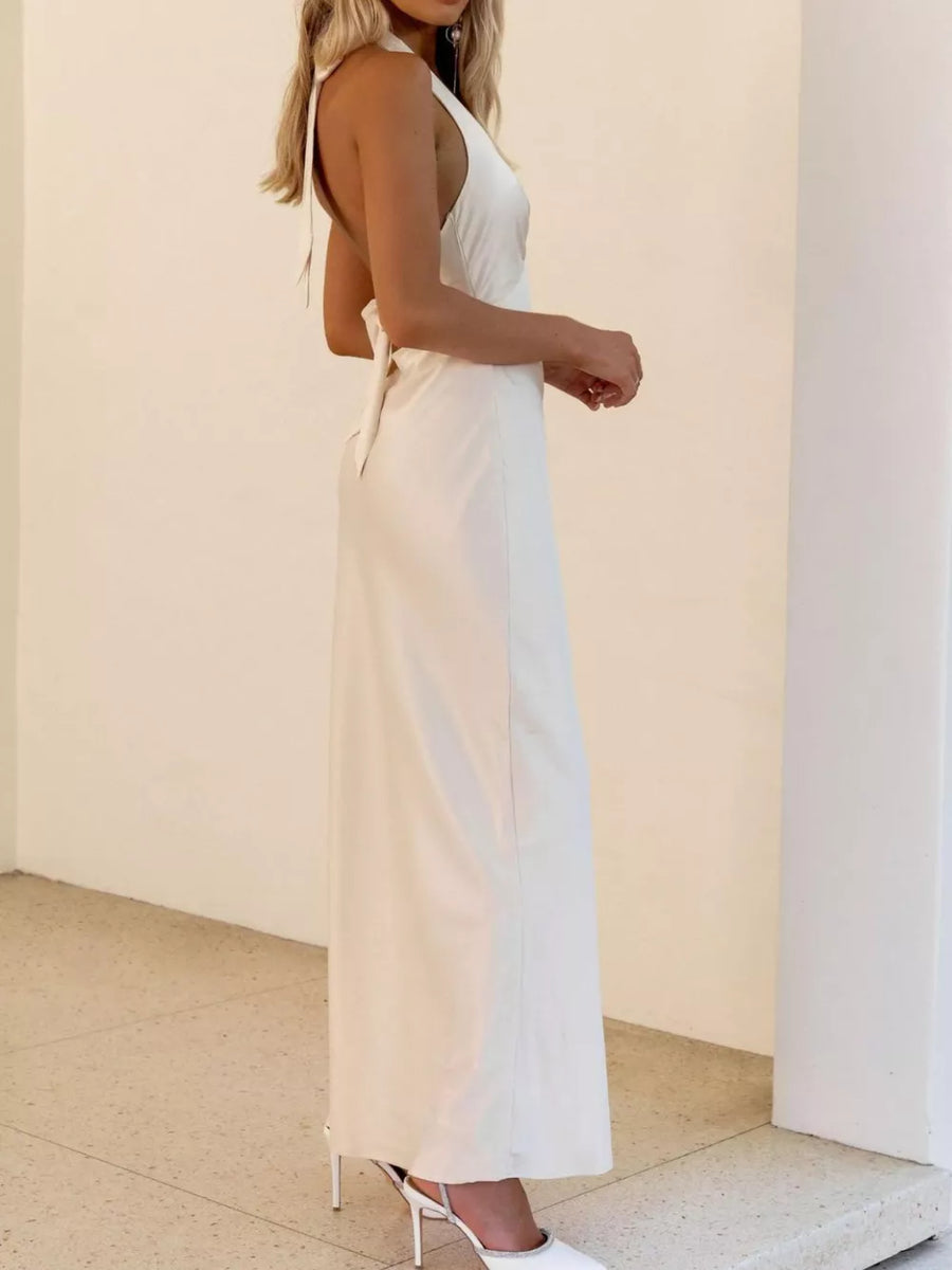 White cotton backless halter neck maxi dress with tie detail