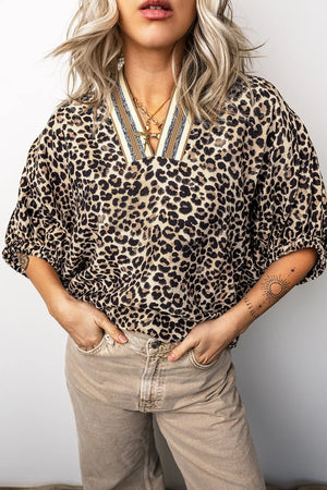 Taupe Leopard Contrast Trim V Neck Dolman Blouse