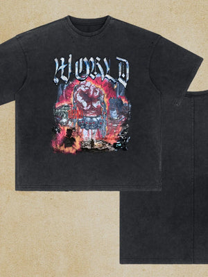 Black vintage graphic tee with distressed oversized fit and bold fist imagery.
