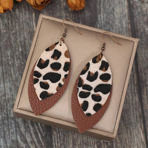 Brown layered leather dangle earrings with leopard print detail