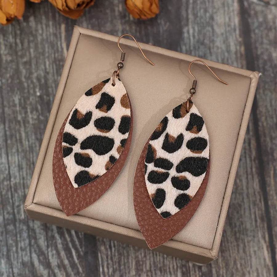 Brown layered leather dangle earrings with leopard print detail