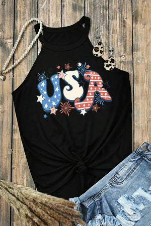 Black halter tank top with patriotic USA graphic and knotted hem.