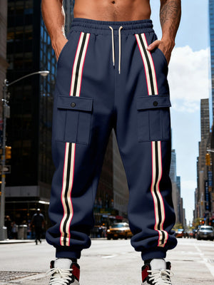 Men's Casual Striped Cargo Joggers Plus Size in Navy Blue with drawstring