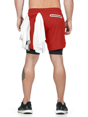 Deep Red layered performance shorts with black compression liner and white towel detail.