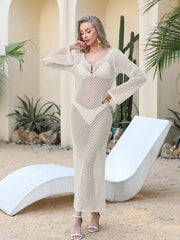 Chic openwork maxi cover-up dress in tan with bell sleeves and a V-neck.