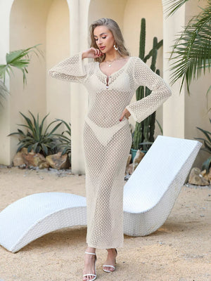 Chic openwork maxi cover-up dress in tan with bell sleeves and a V-neck.