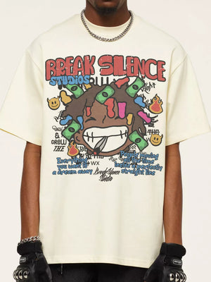 Cream cotton blend graphic tee with bold print and relaxed fit