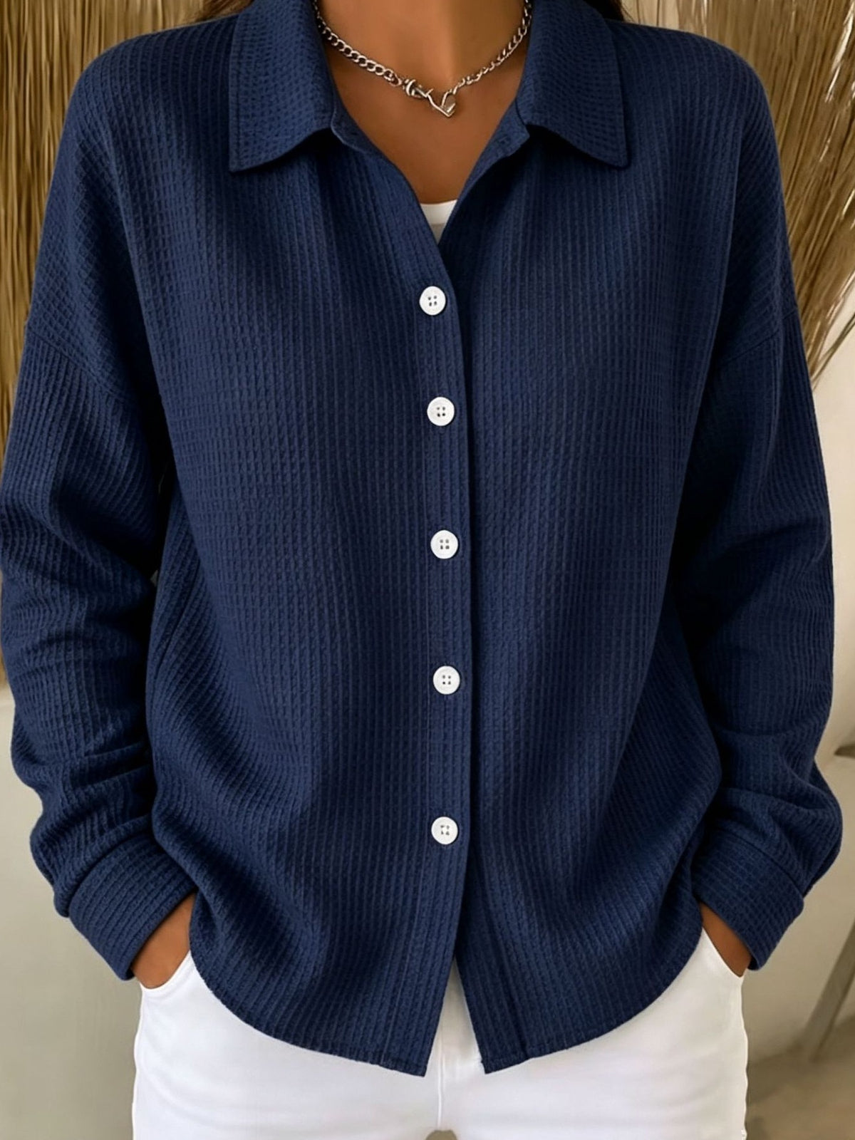 button-down shirt featuring waffle knit in Navy Blue with 100% polyester Care instructions: Machine wash cold texture