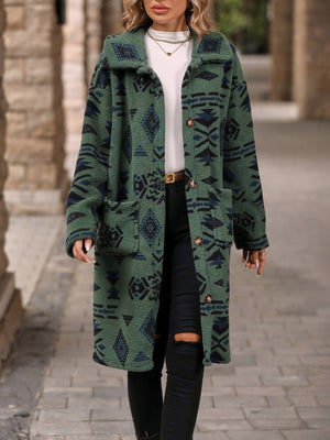 Longline teddy coat in sage green with Aztec print, button front, and pockets.