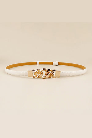 White leather belt with gold chain link buckle
