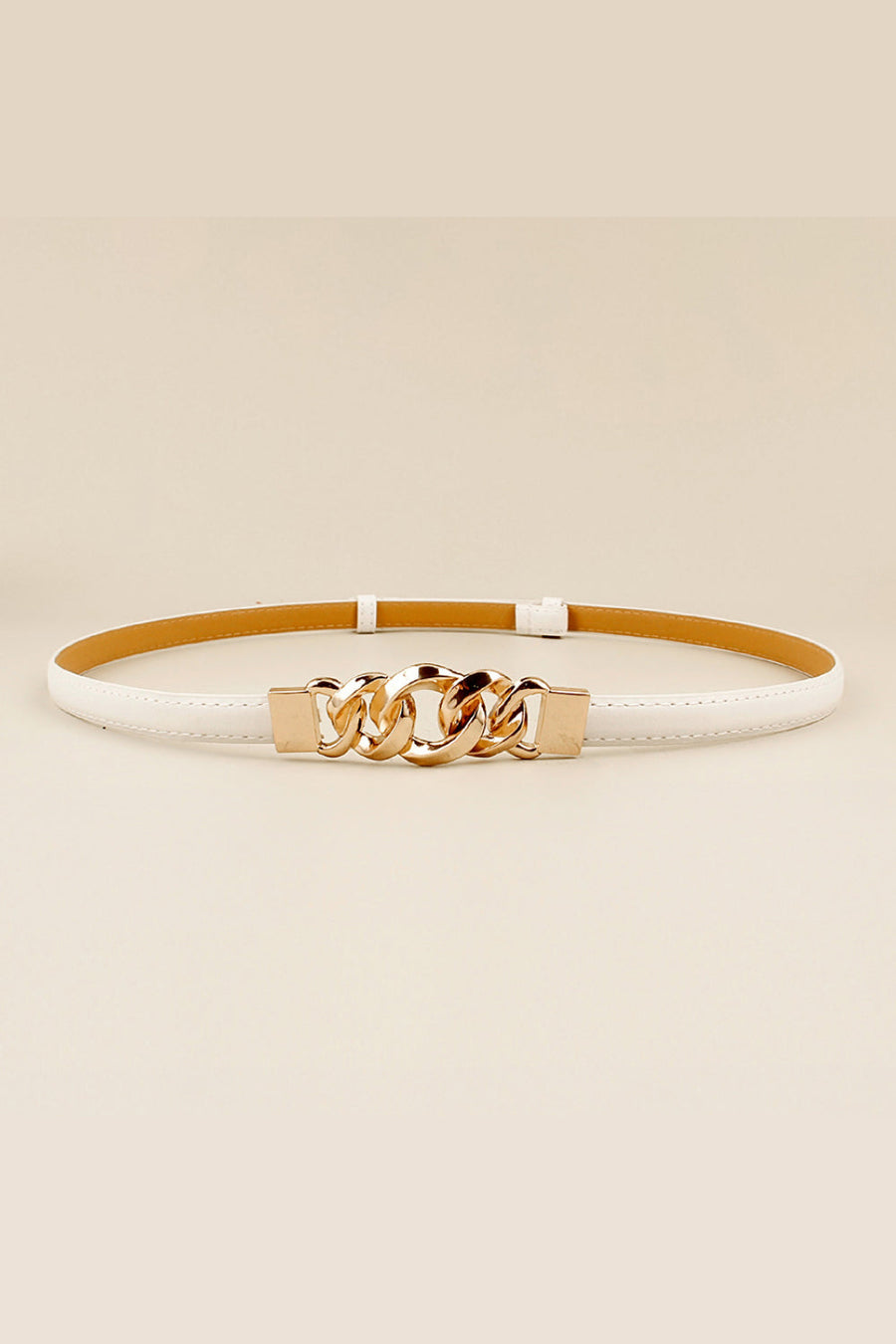 White leather belt with gold chain link buckle
