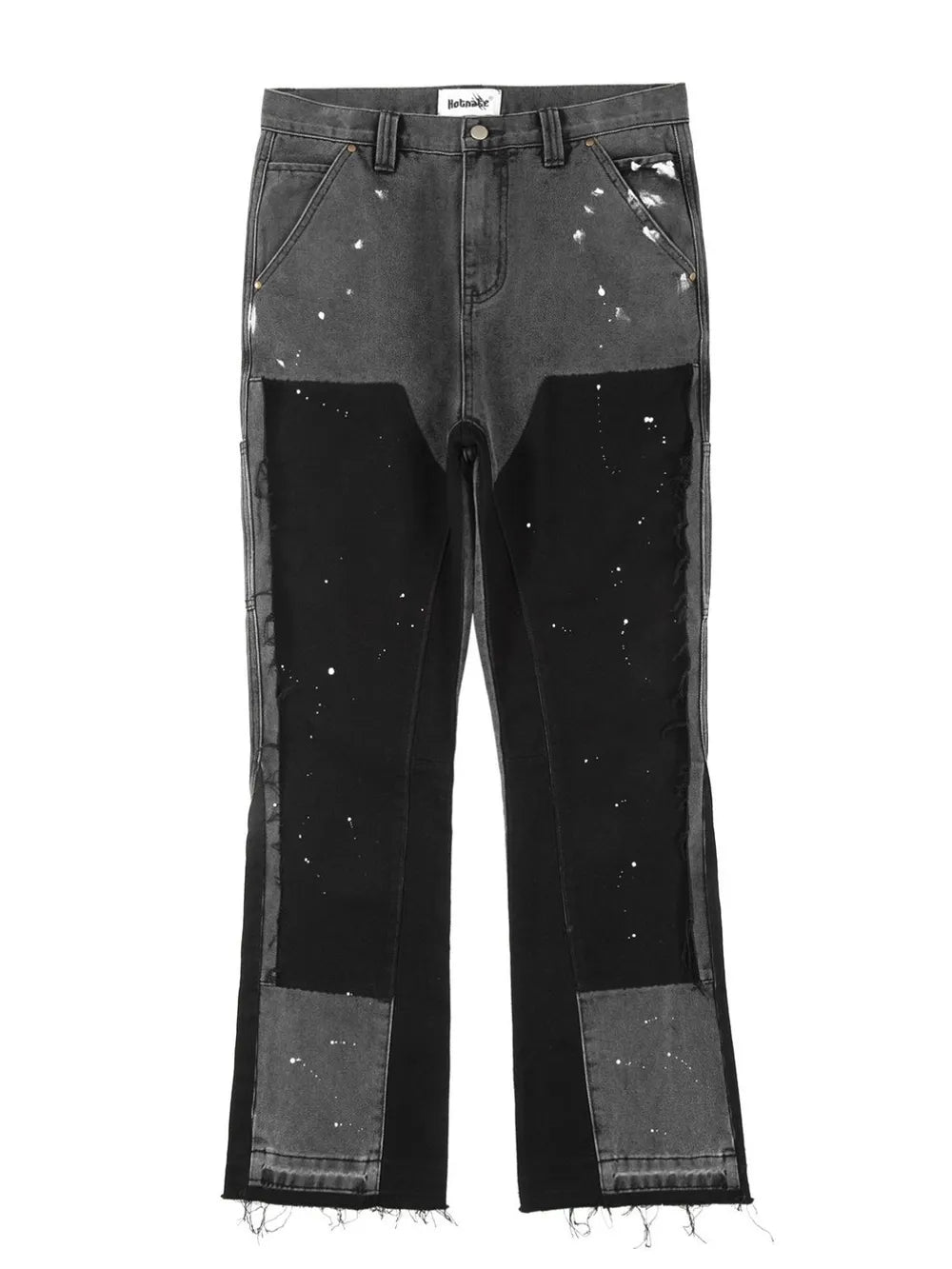 Split panel bootcut jeans in dark gray with black panels and white paint splatters.