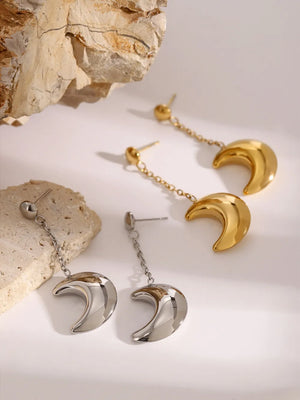 Celestial crescent drop earrings in gold and silver with chain detail