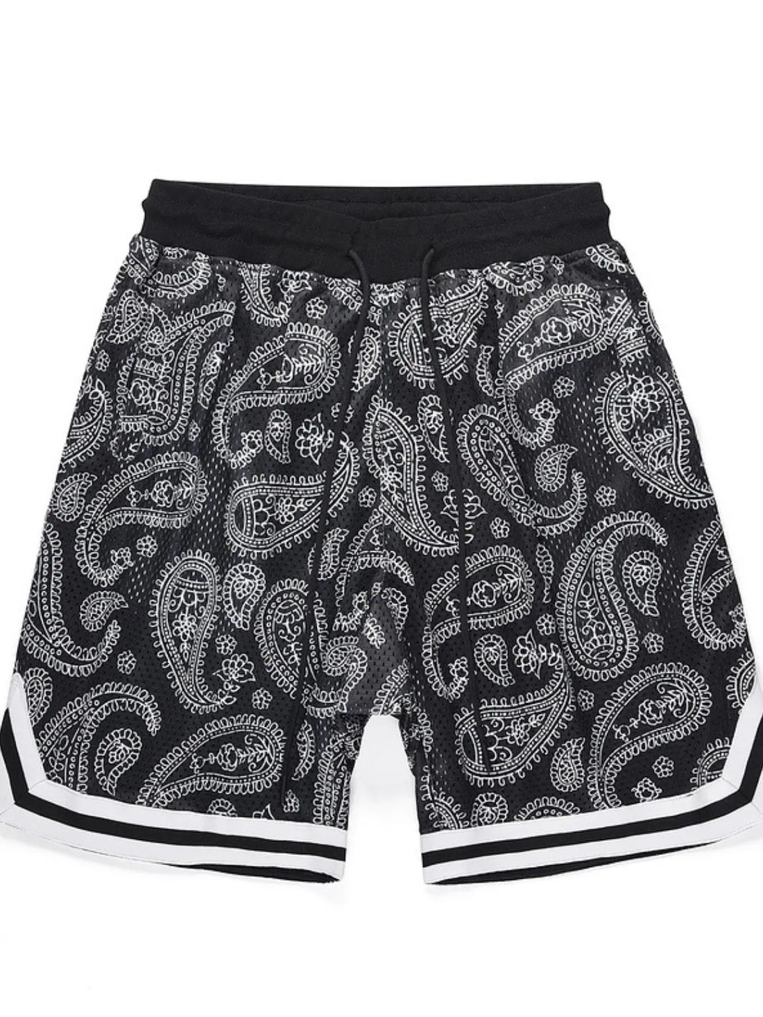 Black paisley mesh basketball shorts with white stripe trim