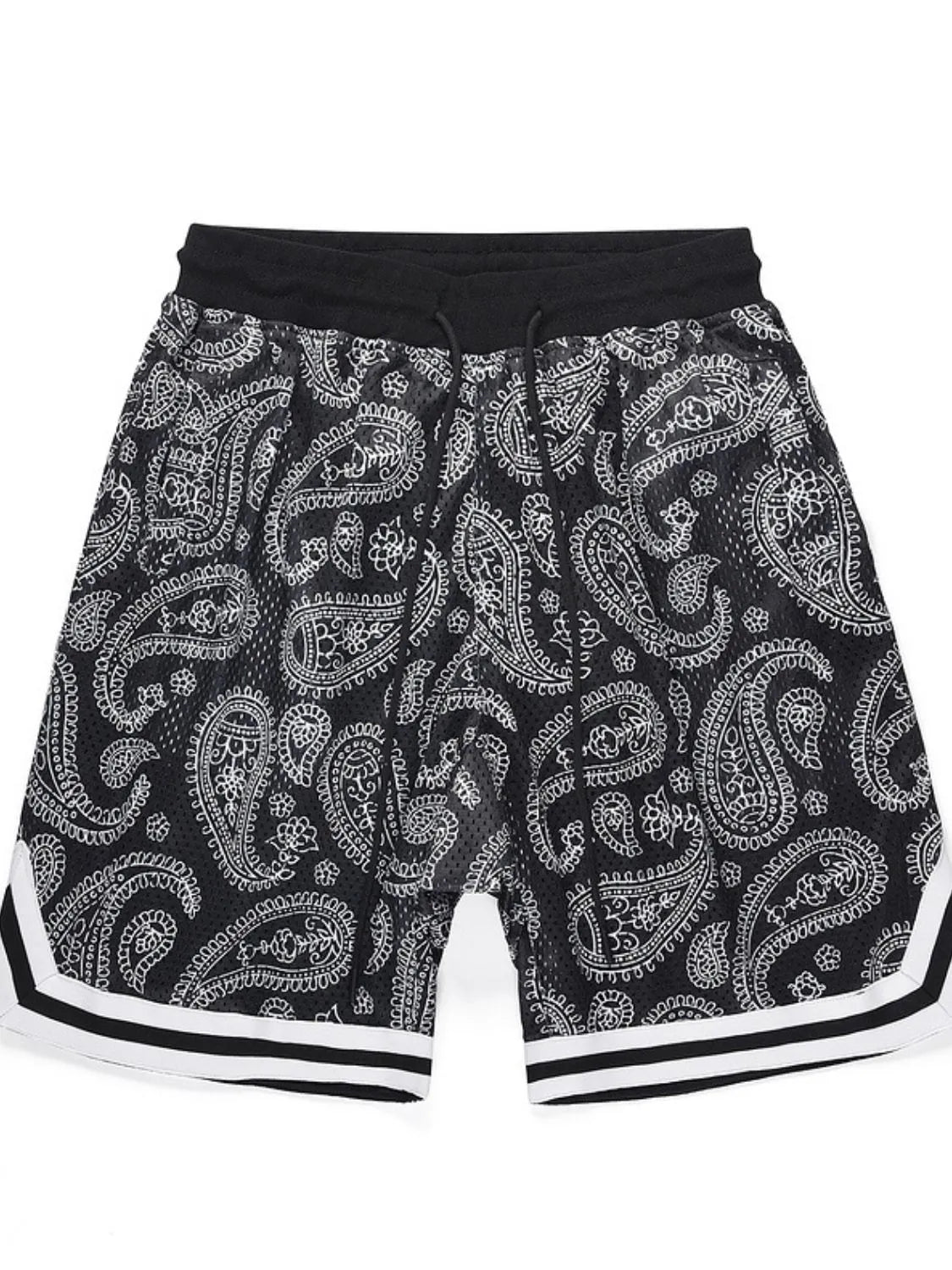 Black paisley mesh basketball shorts with white stripe trim