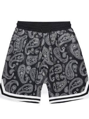 Black paisley mesh basketball shorts with white stripe trim