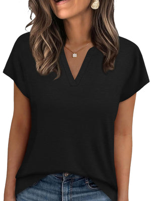 Black short-sleeve t-shirt with notched V-neck and heathered texture.