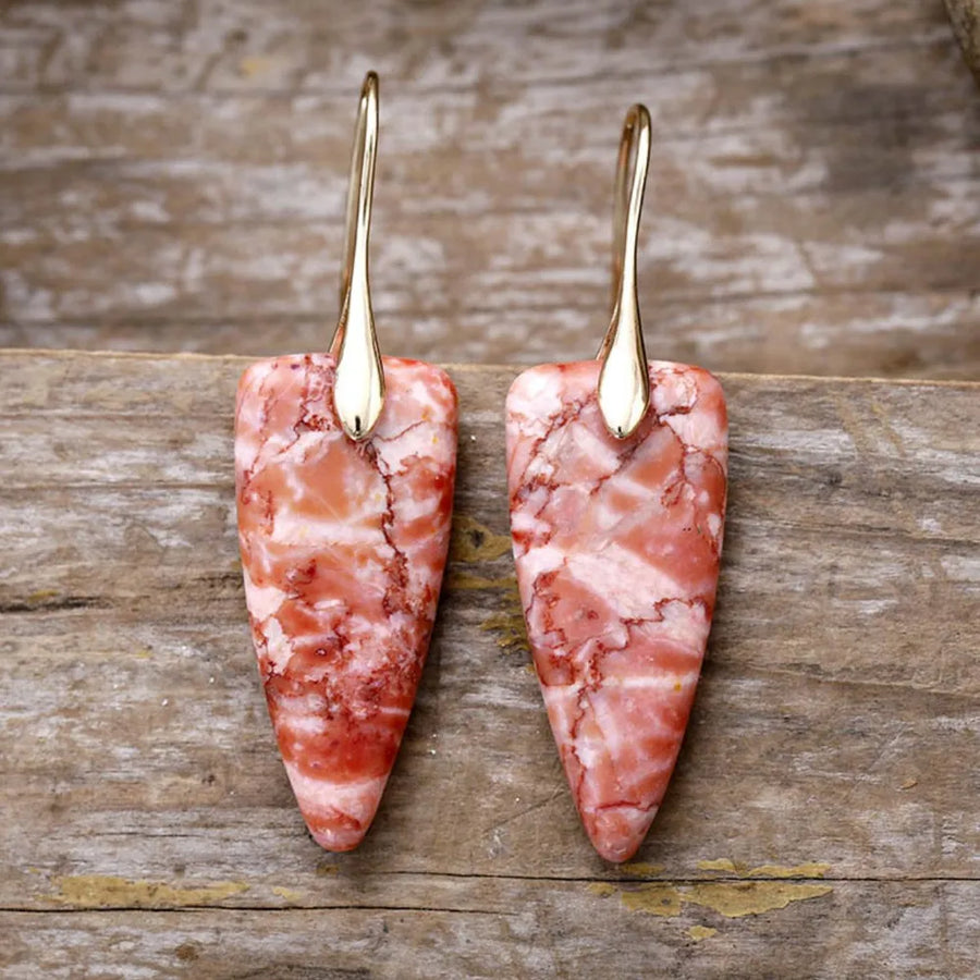 Glitter Vein Stone Drop Earrings in Gold/Burnt Coral with marbled pink and white stone.