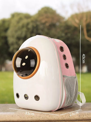 Pink and white transparent pet carrier backpack with bubble window and mesh pockets.